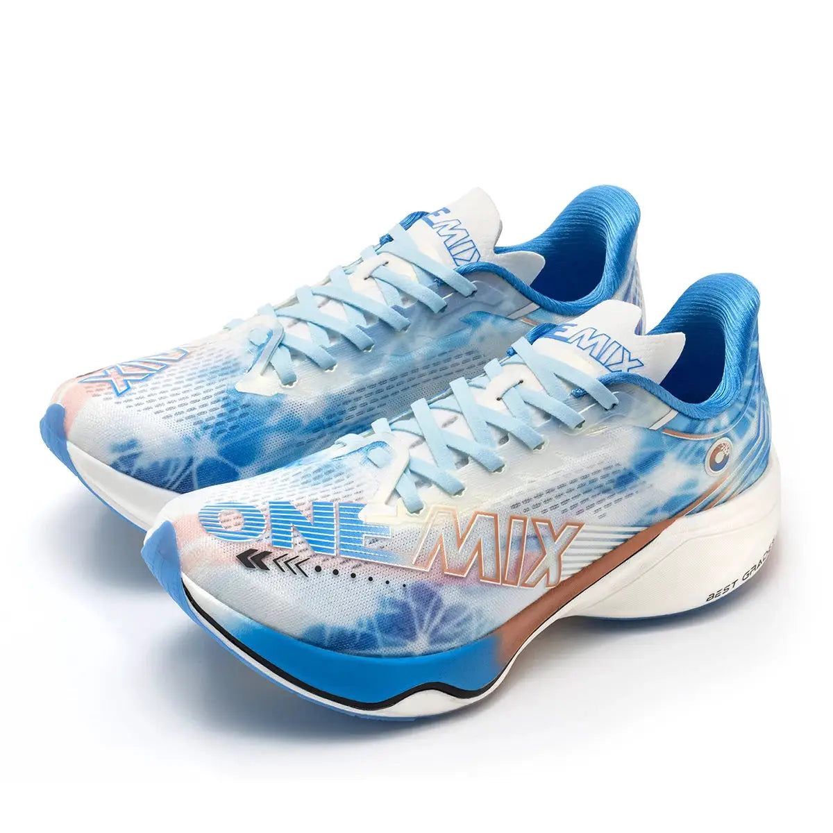 ONEMIX marathon carbon-plate running shoes, blue and white pair