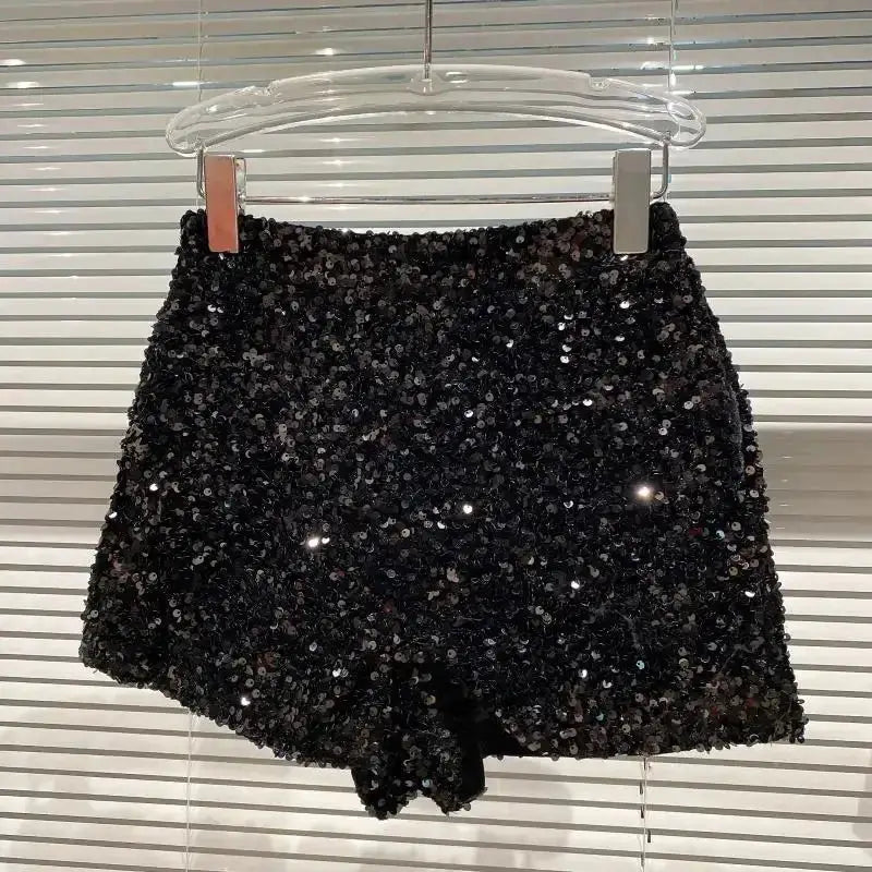 Women's black velvet sequined shorts by Simples Market, shiny clubwear hot pants