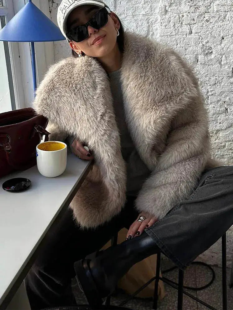 HH Women Fashion Cropped Faux Fur Jacket Coat Long Sleeve Front Snap Button Closure Lapel Collar Thick Outerwear Chic