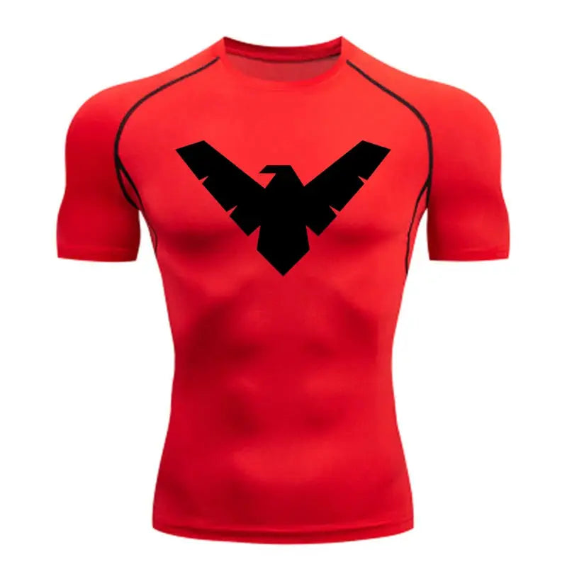 Men's red short-sleeve compression sports top with quick-dry fabric and black logo