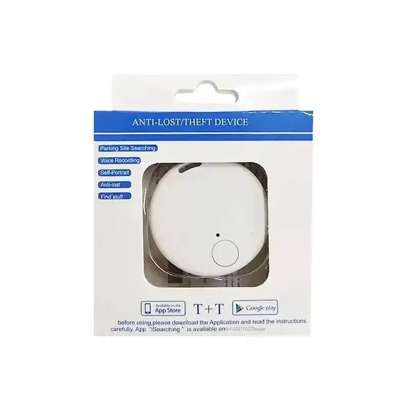 GPS tracker device, round white unit in retail packaging labeled anti-lost device with App Store and Google Play icons.