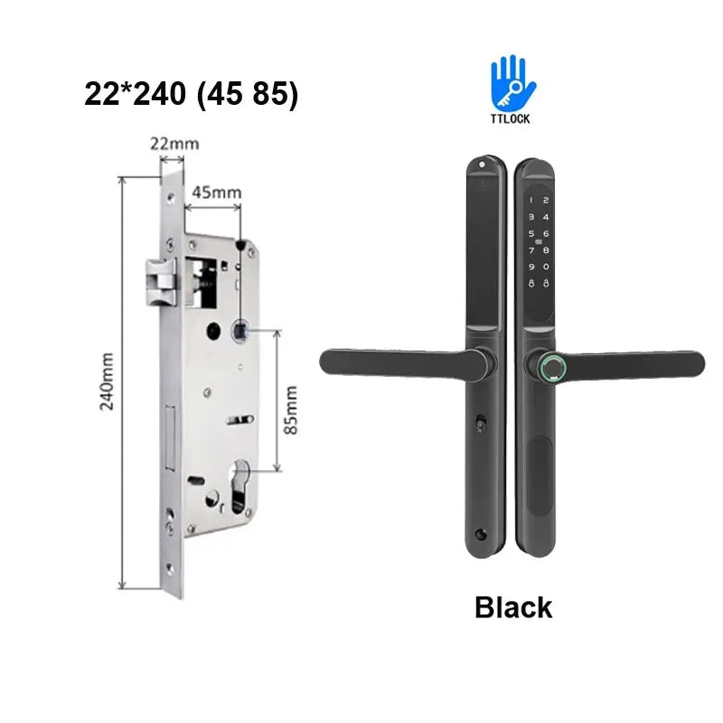 Slim black sliding door smart lock with keypad and fingerprint, TTLOCK compatible