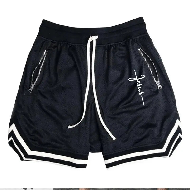 Men's black Simples Market basketball shorts with drawstring, zip pockets, and white striped hem.