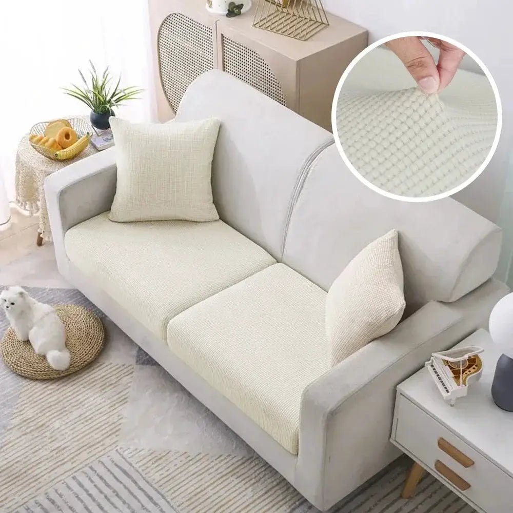 Simples Market jacquard pure polar fleece sofa cover, stretch, removable couch protector in light beige on a modern sofa