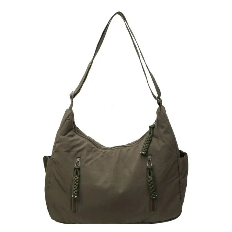 Women's soft cloth shoulder bag, olive-brown color, with two front zipper pockets and crossbody strap