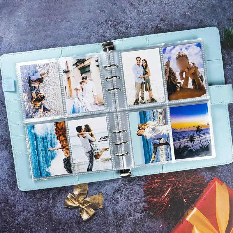 Blue PU leather A5 photocard binder with 4-grid sleeves displaying 8 photos