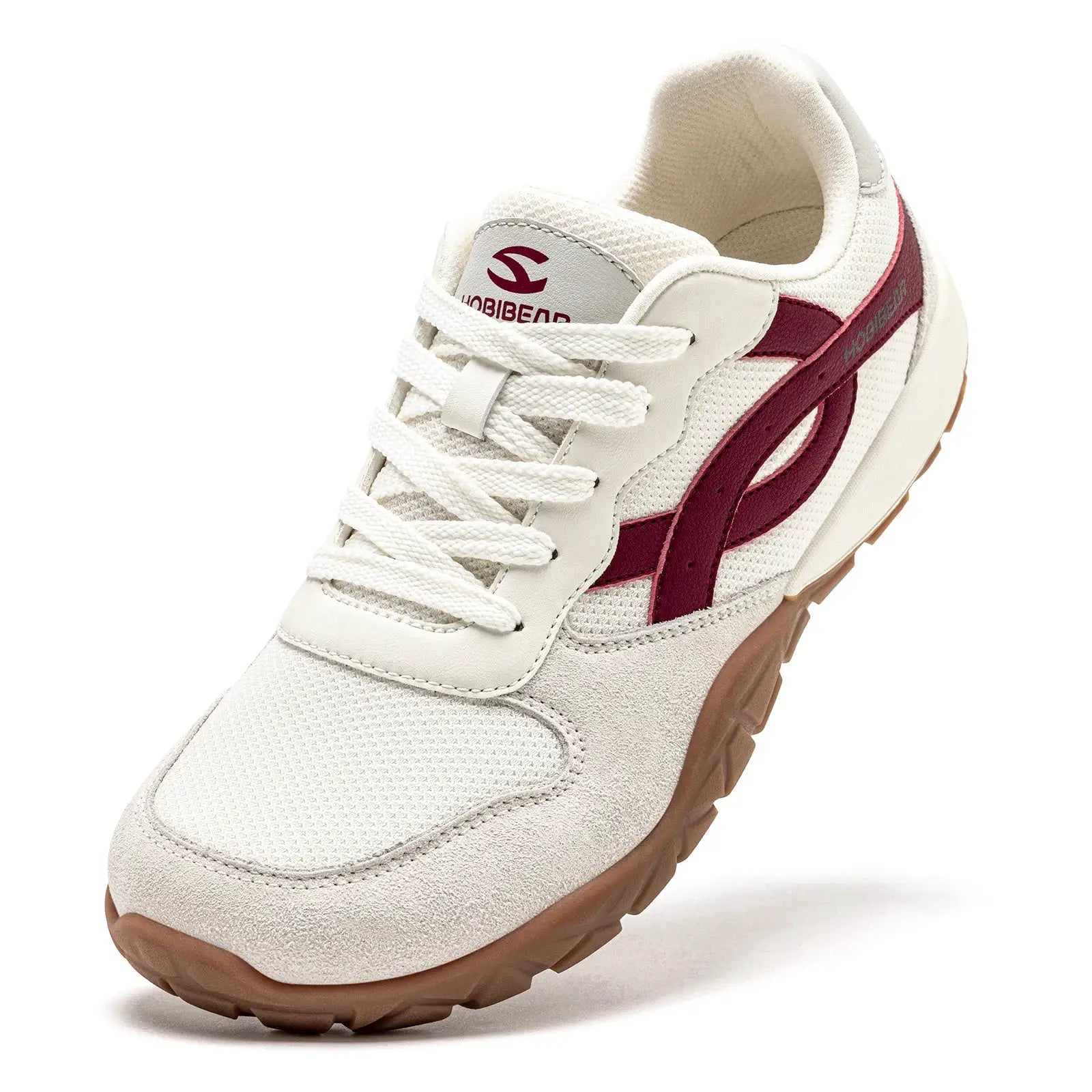HOBIBEAR unisex wide-width sneaker in cream with burgundy side stripe and gum sole