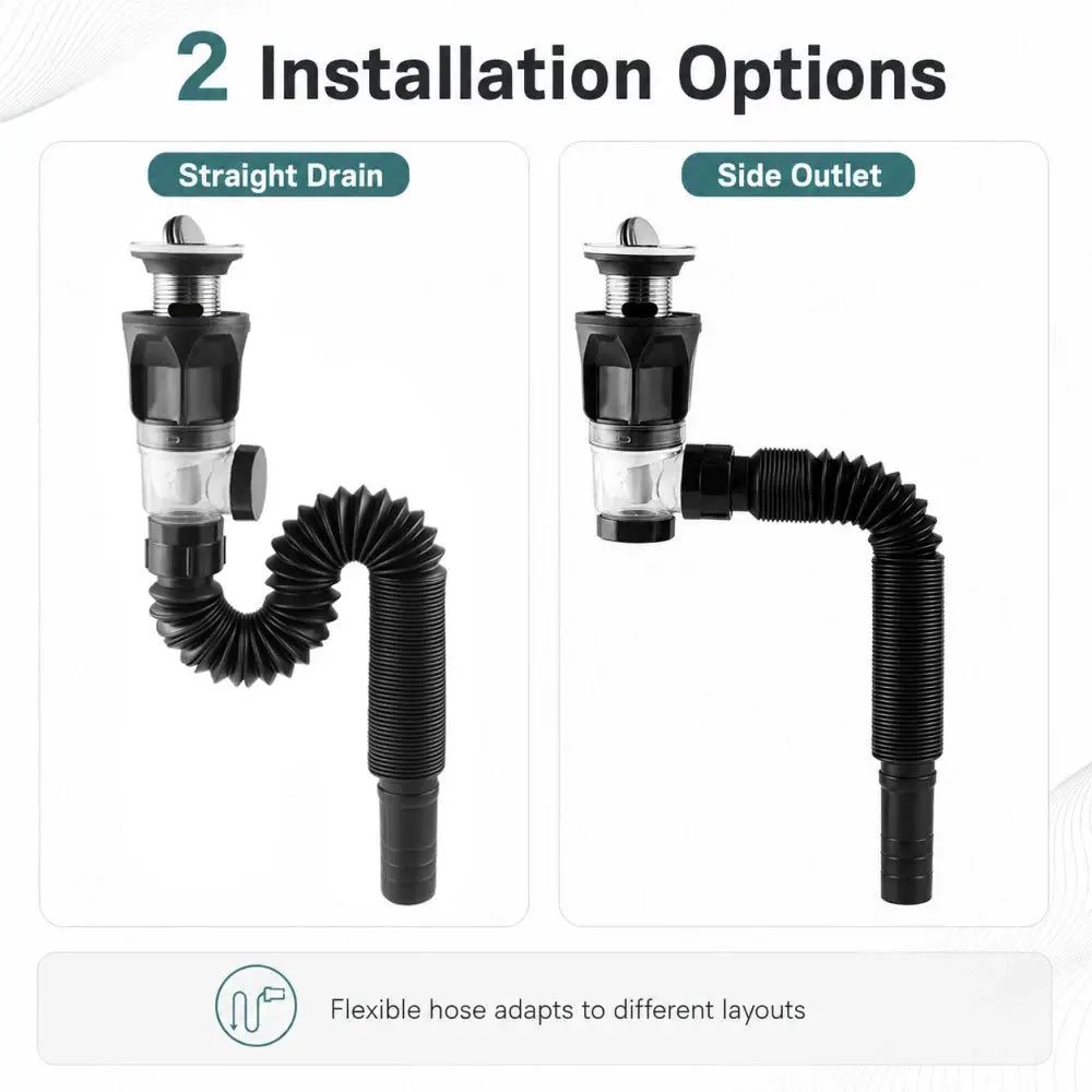 Simples Market bathroom sink drain kit with ABS body, stainless steel top, flexible hose; straight drain or side outlet option