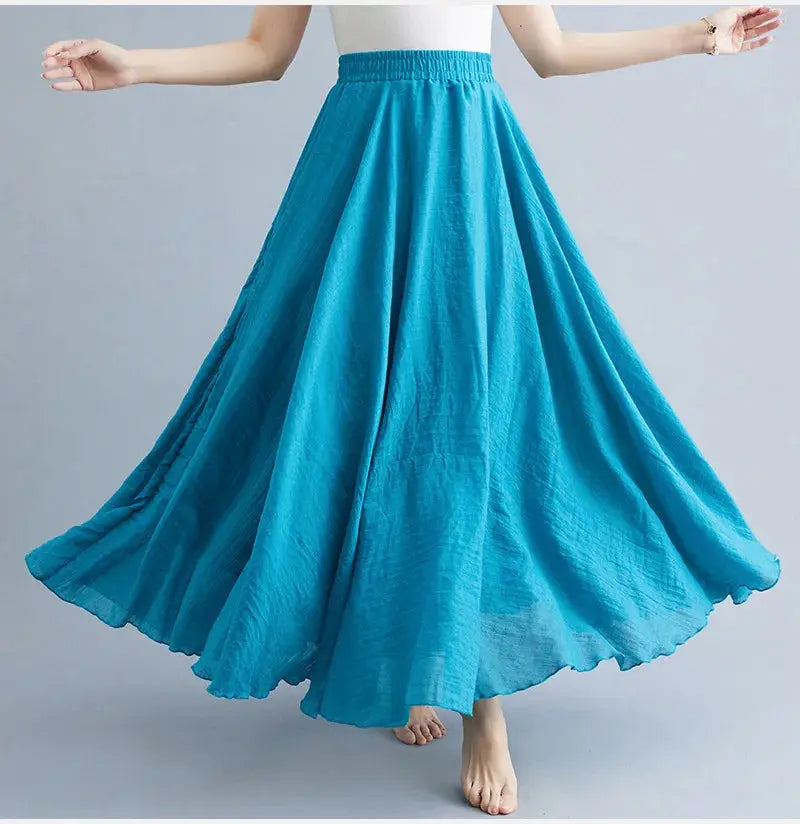 Long blue Mori-style cotton-linen skirt with elastic waist, A-line flowy women's skirt