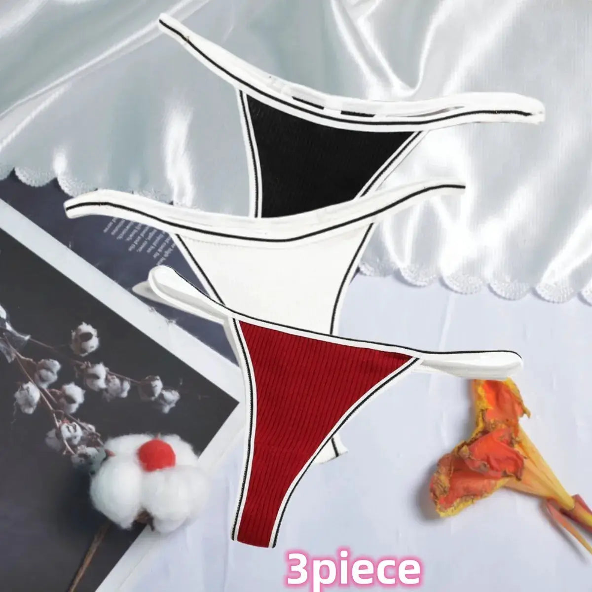 Women's cotton thong underwear; 3-piece set in black, white, and red with seamless low-waist design