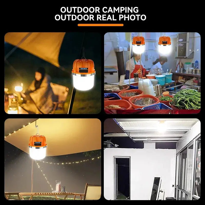 Four orange 500W LED camping lanterns; USB rechargeable portable lamps with power display for outdoors