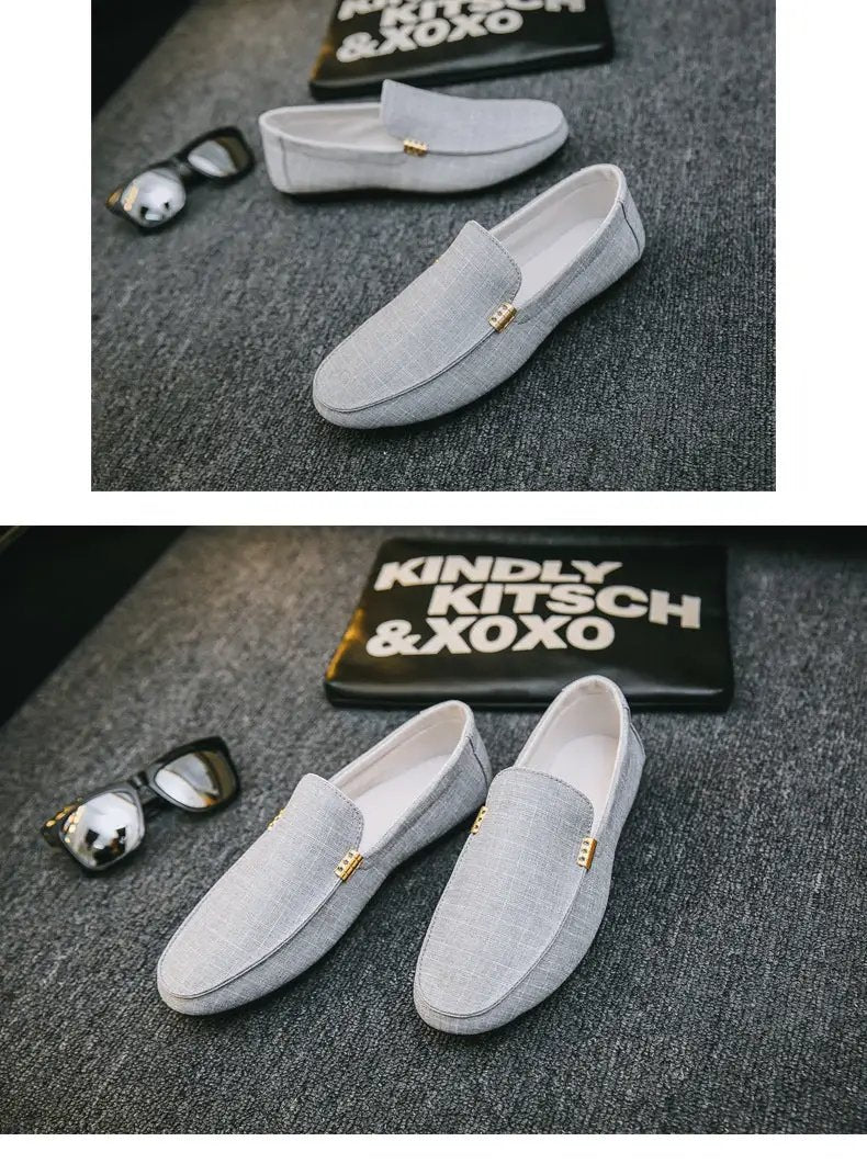 Men canvas slip-on loafers in light gray; casual dress shoes, two pairs displayed.