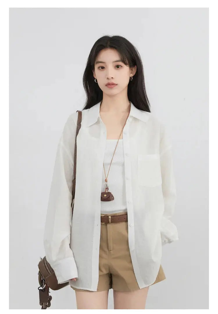 CHIC VEN white linen long-sleeve shirt, loose fit with chest pocket, worn over white top; tan shorts and brown belt