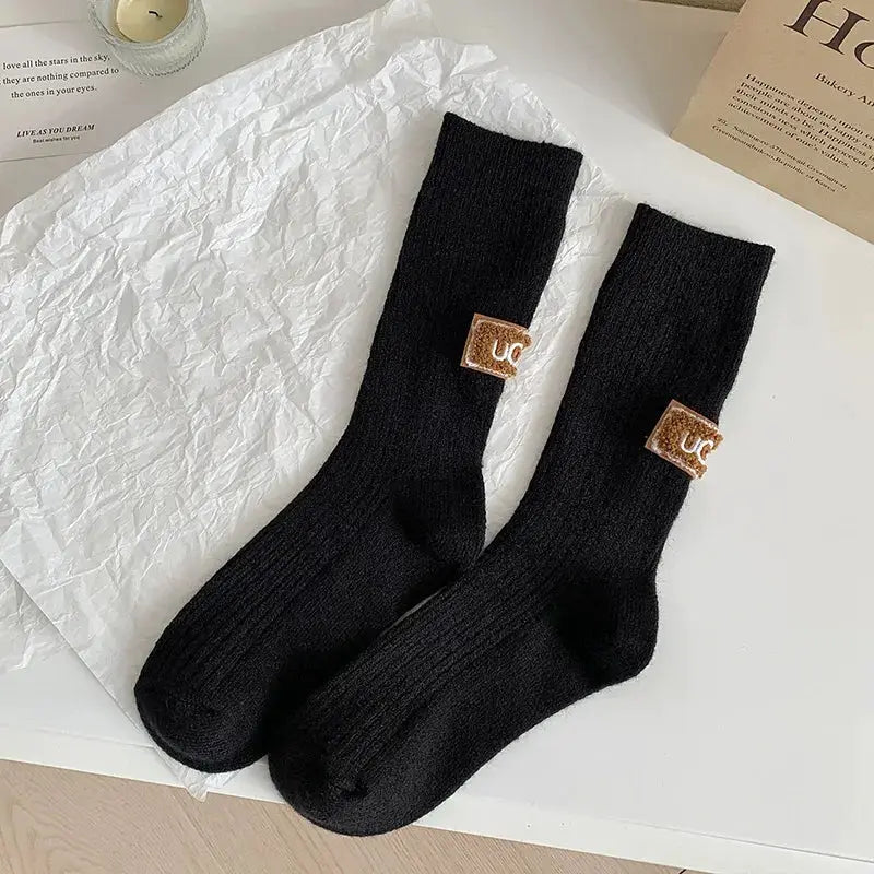 LuxWool Women Luxury Cashmere Wool Mid Calf Socks With Embroidered Logo For Snow Boots Thick Pile Warmth
