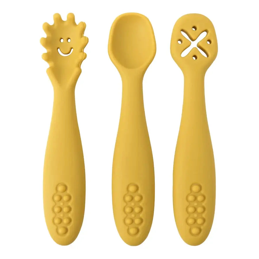 3 Piece Baby Learning Spoons Set Soft Silicone Utensils For Self Feeding Newborns And Toddlers