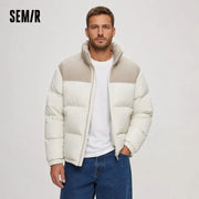 Semir down jacket puffer coat, beige and cream color-block with SEM/R logo, windproof waterproof outerwear