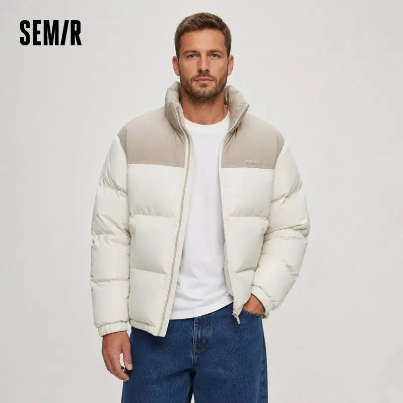 Semir down jacket puffer coat, beige and cream color-block with SEM/R logo, windproof waterproof outerwear