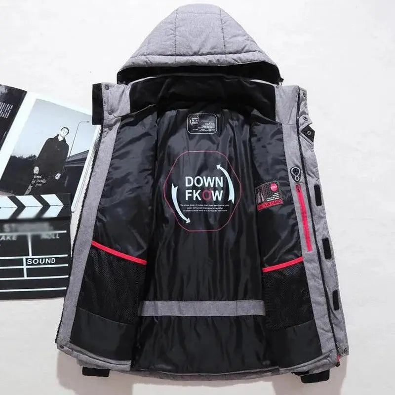 Simples Market men's grey hooded down jacket with black lining, red trim and logo patch