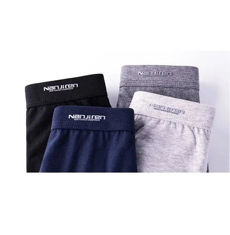 Nanji ren men's cotton boxers in a 4-pack: black, navy, gray, and light gray with elastic waistbands.
