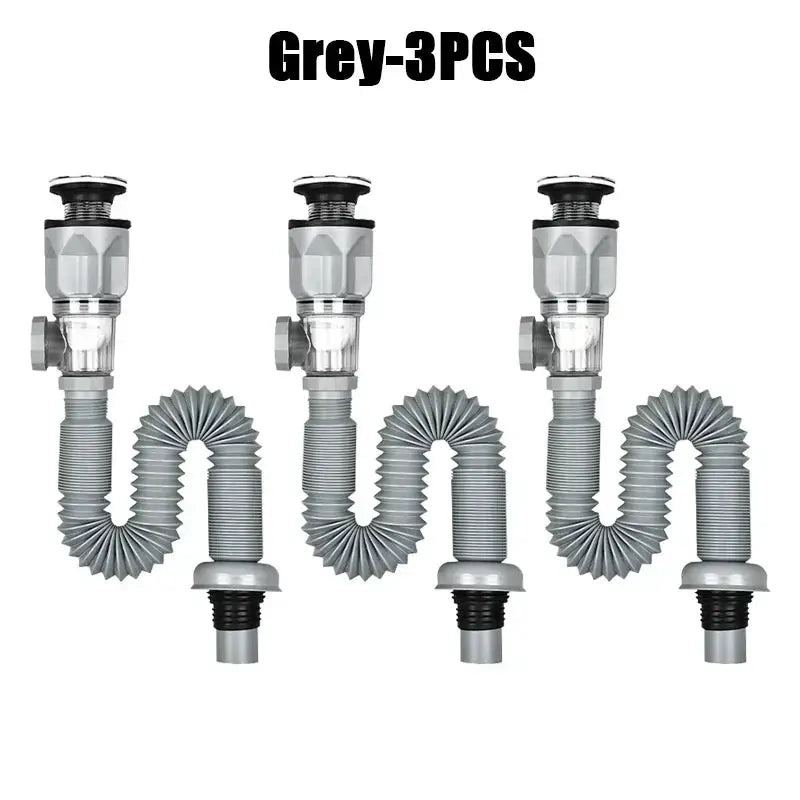 Kitchen sink drain hose set, grey, 3-piece with flexible corrugated pipes and fittings