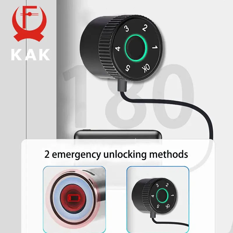 KAK smart door lock cylinder with fingerprint keypad, black finish and backlit circular dial; two unlock methods