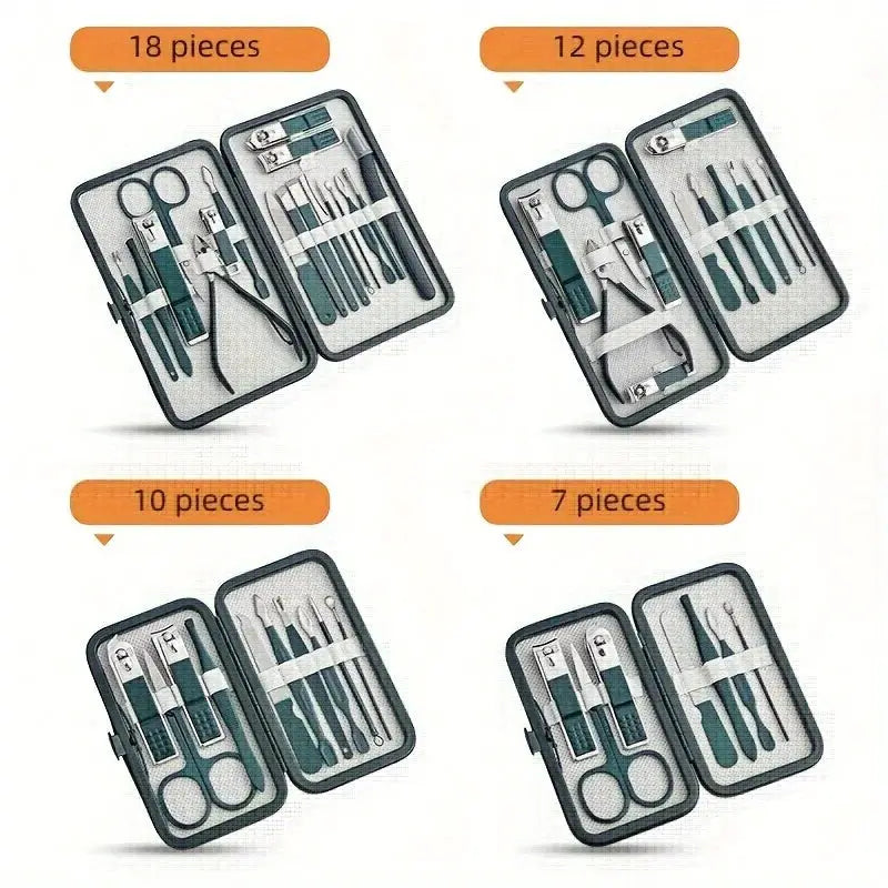 Manicure and pedicure nail care kit in a zip case; stainless steel tools, Simples Market, 18/12/10/7-piece sets.