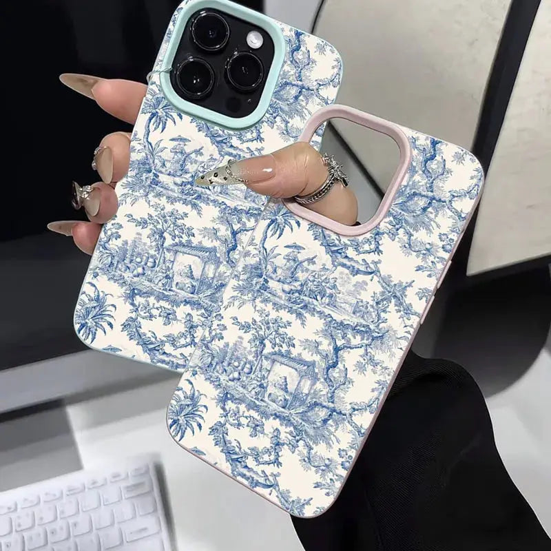 Phone case set of 2 with blue toile pattern; pastel mint and pink borders, shockproof soft covers