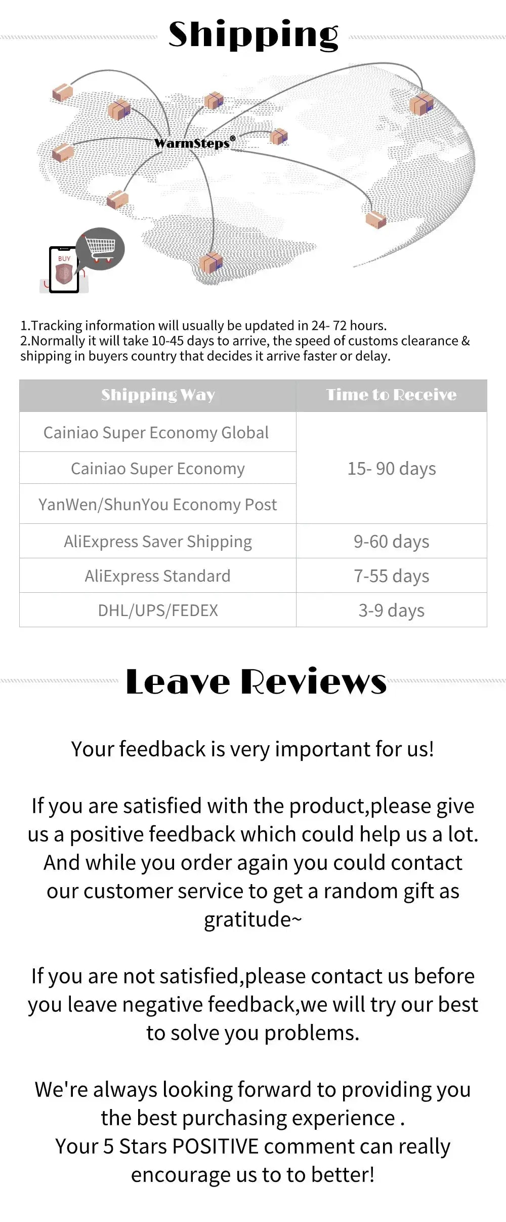 WarmSteps 3Pcs/Set shipping infographic by Simples Market showing global delivery options