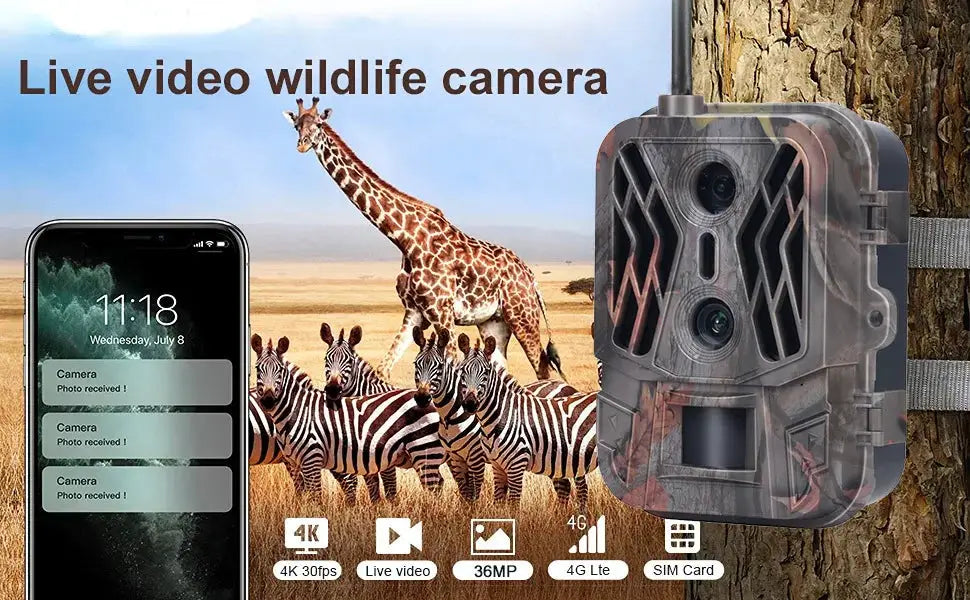 4K wildlife hunting camera by Simples Market with dual lenses, app control, cloud, 8000mAh battery for outdoor use