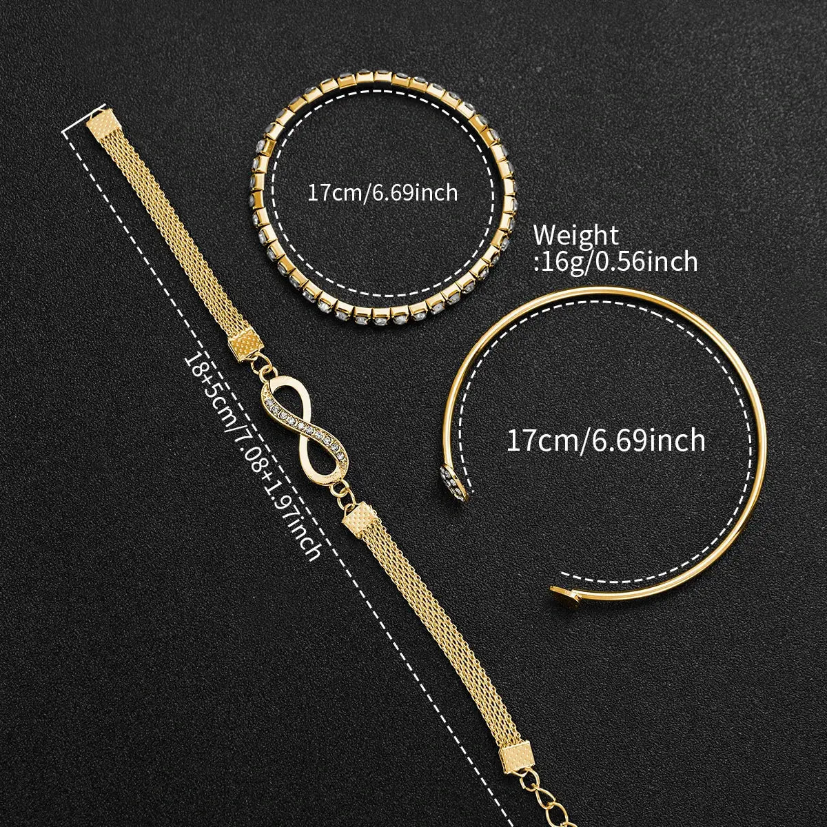 4-piece gold-tone women's bracelet set with two bangles and two chain bracelets, including an infinity charm