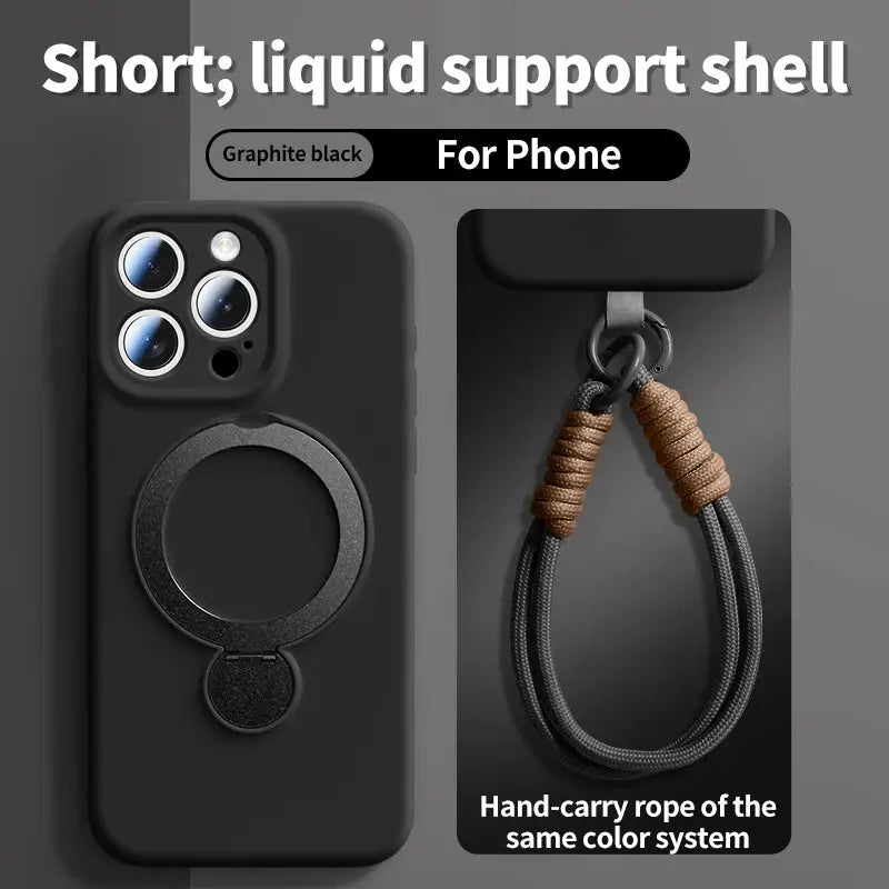 Silicone phone case by Simples Market with magnetic ring and black lanyard for iPhone 17 Pro Max, graphite black