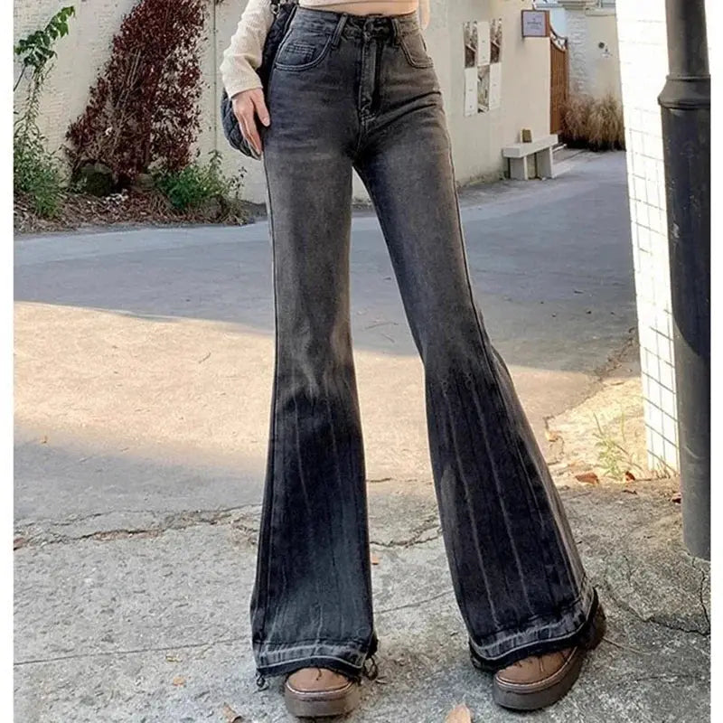 Women High Waist Vintage Flare Jeans Bell Bottom Denim Trousers