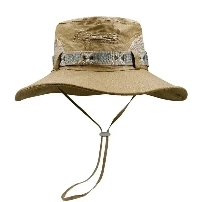 Simples Market men's bucket hat with wide brim, UV protection, tan safari style, mesh panels and adjustable chin strap