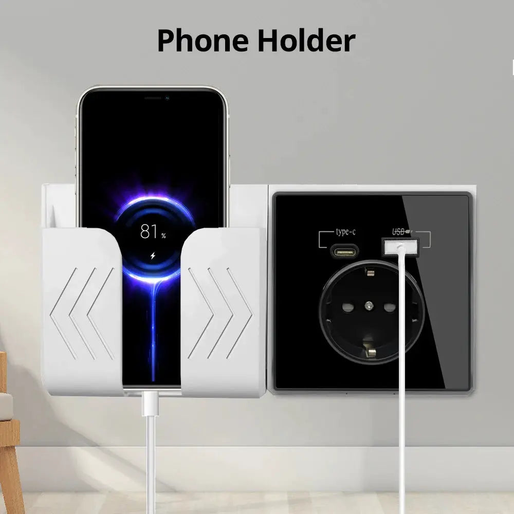 Phone holder with 20W PD USB-C charger, acrylic mirror black wall panel with EU/France/Spain/Russia sockets