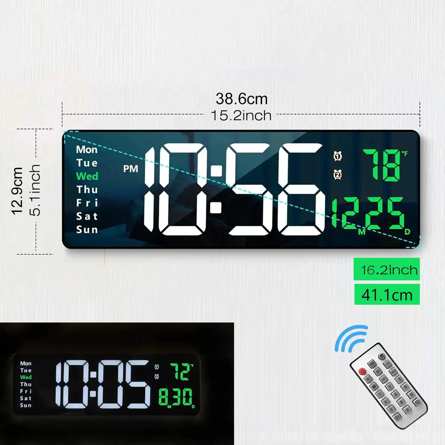 Two Simples Market 16.2-inch digital wall clocks with remote control, large LED displays, 8 RGB colors, dual alarms