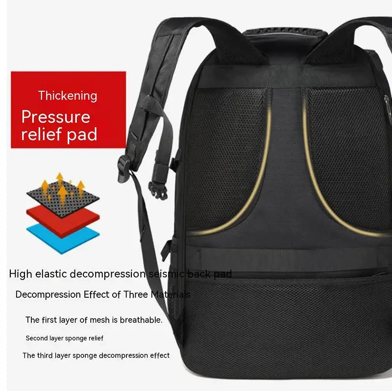 Black travel backpack with separate shoe compartment; waterproof and large 50L/80L capacity.