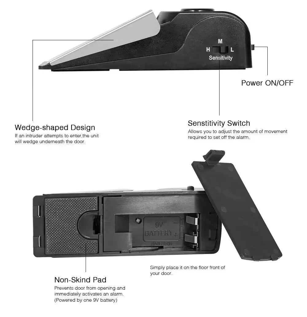 2-pack wireless door stop alarm system, wedge-shaped black plastic, 125dB loud security door block.