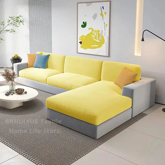 Velvet sofa seat cushion cover for L-shaped sectional in yellow on a gray base couch