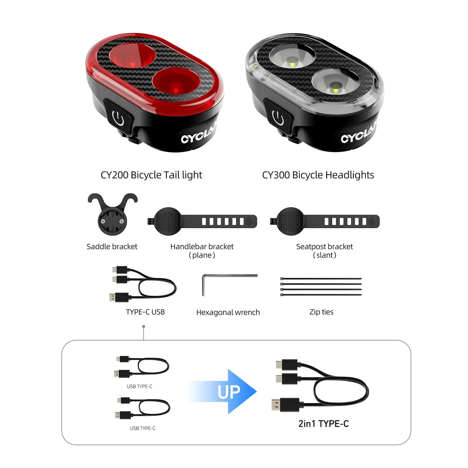 CYCLAMI CY300T Smart Brake Sensing Front And Rear Light Waterproof MTB And Road Bike Lighting Set