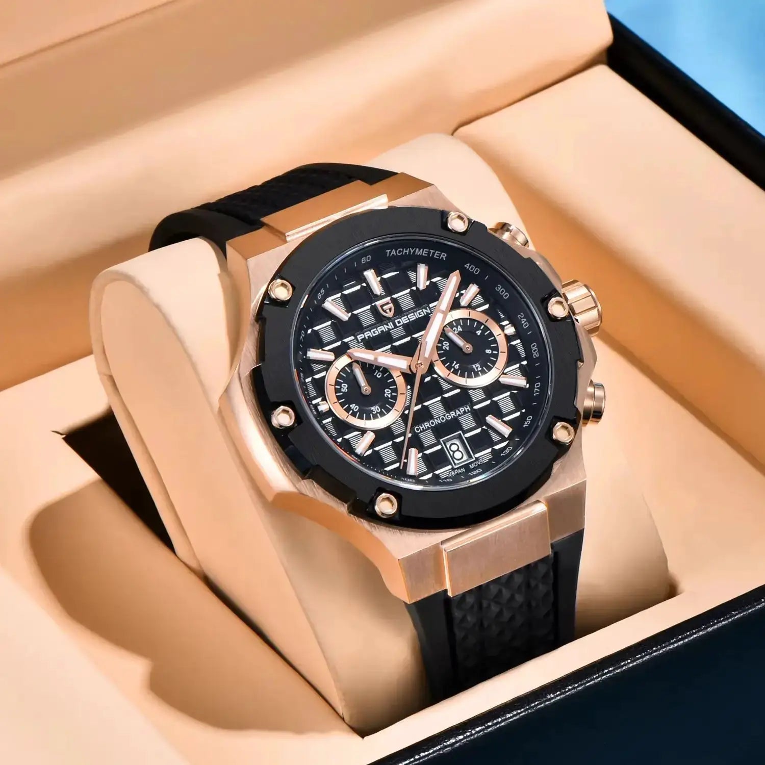 PAGANI DESIGN men's watch with rose-gold case, black dial, chronograph, tachymeter, and black fluororubber strap