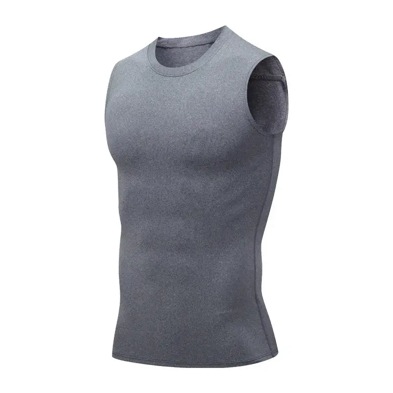 Gray men's sleeveless gym compression tank top for workouts
