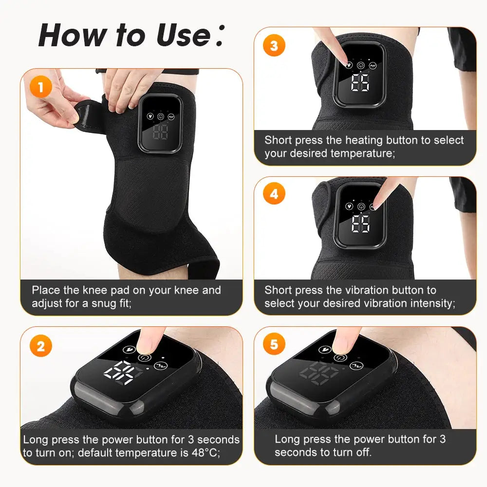 Simples Market black electric heated knee massage pad with 3-level heat and vibration, strapped to knee with controller