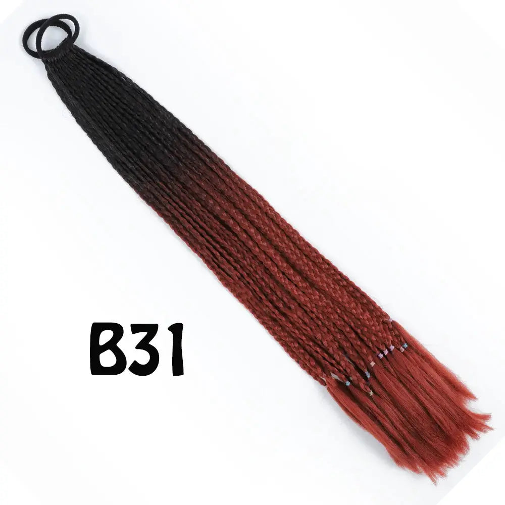 Braided ponytail extension, synthetic gradient black to red, 24 inches, with elastic band.