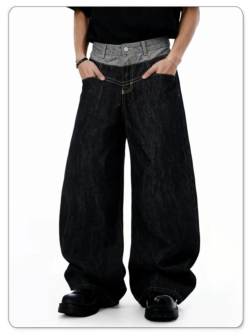 LIYS men's retro double-waist baggy wide-leg denim jeans in dark wash