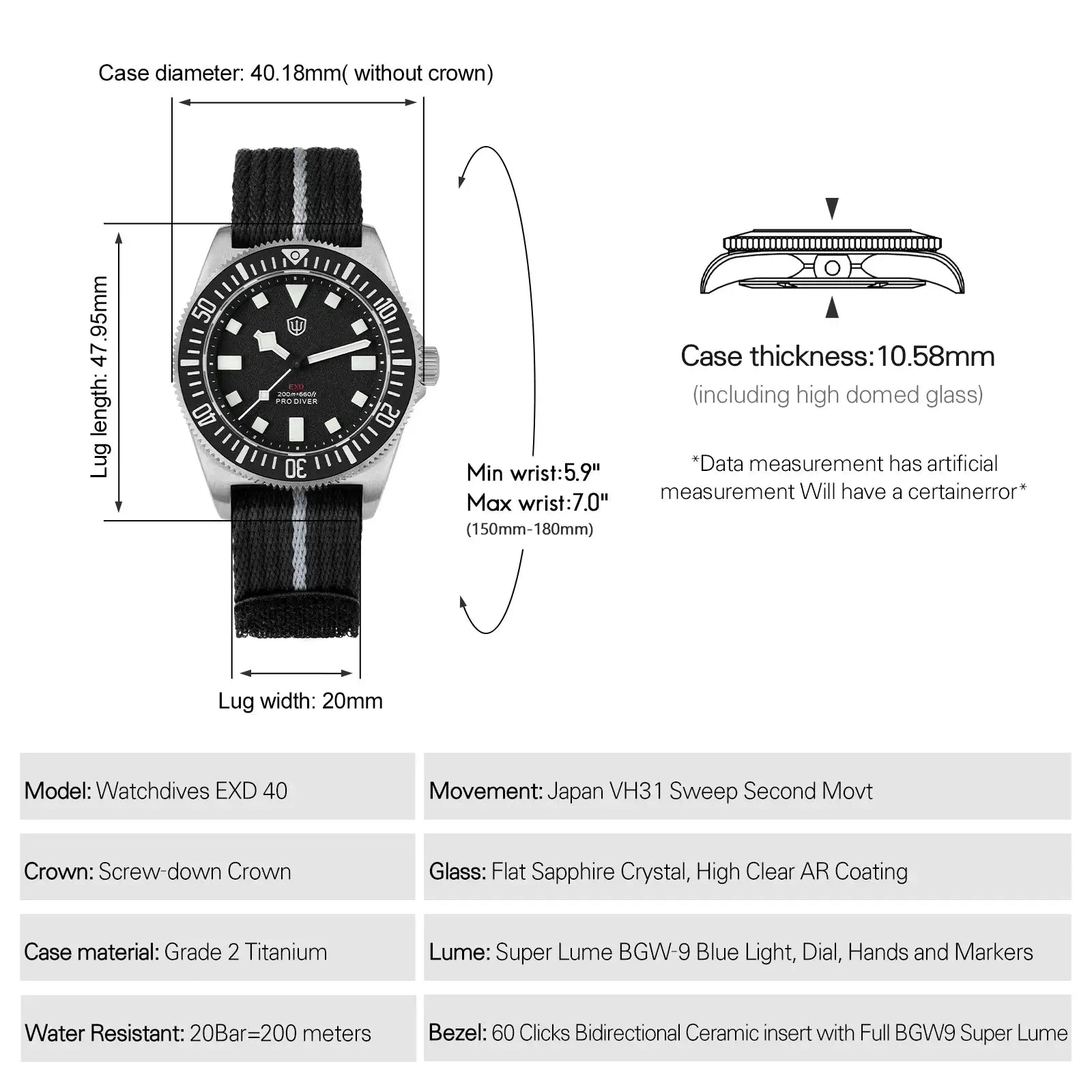 Watchdives EXD 40mm titanium dive watch, black dial, luminous markers, black strap with gray stripe, 200m WR