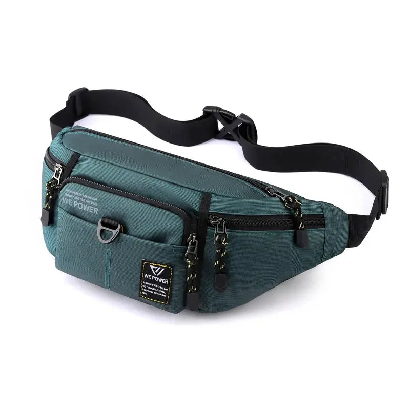 Men's waist fanny pack in teal nylon with multiple zip pockets and adjustable black strap; WE POWER patch
