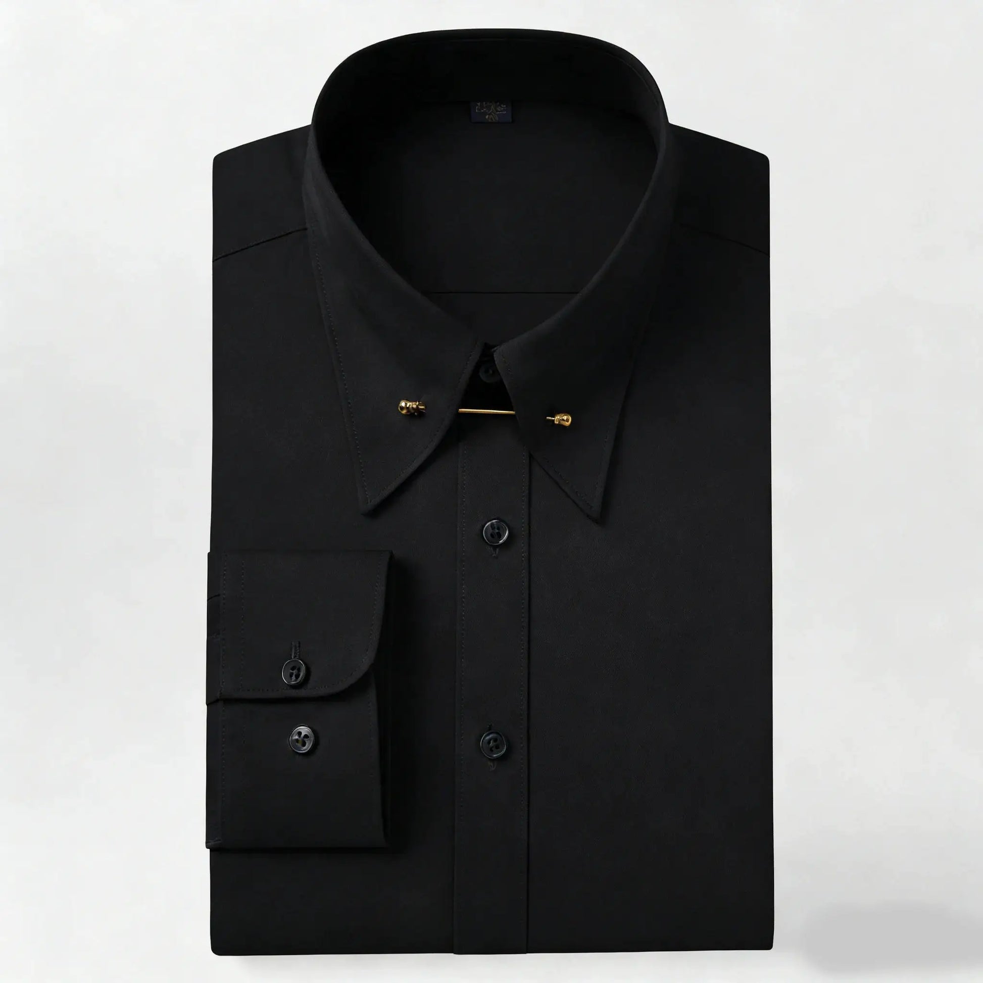 Simples Market black dress shirt with gold collar pins and French cuffs, men's long-sleeve formal shirt.