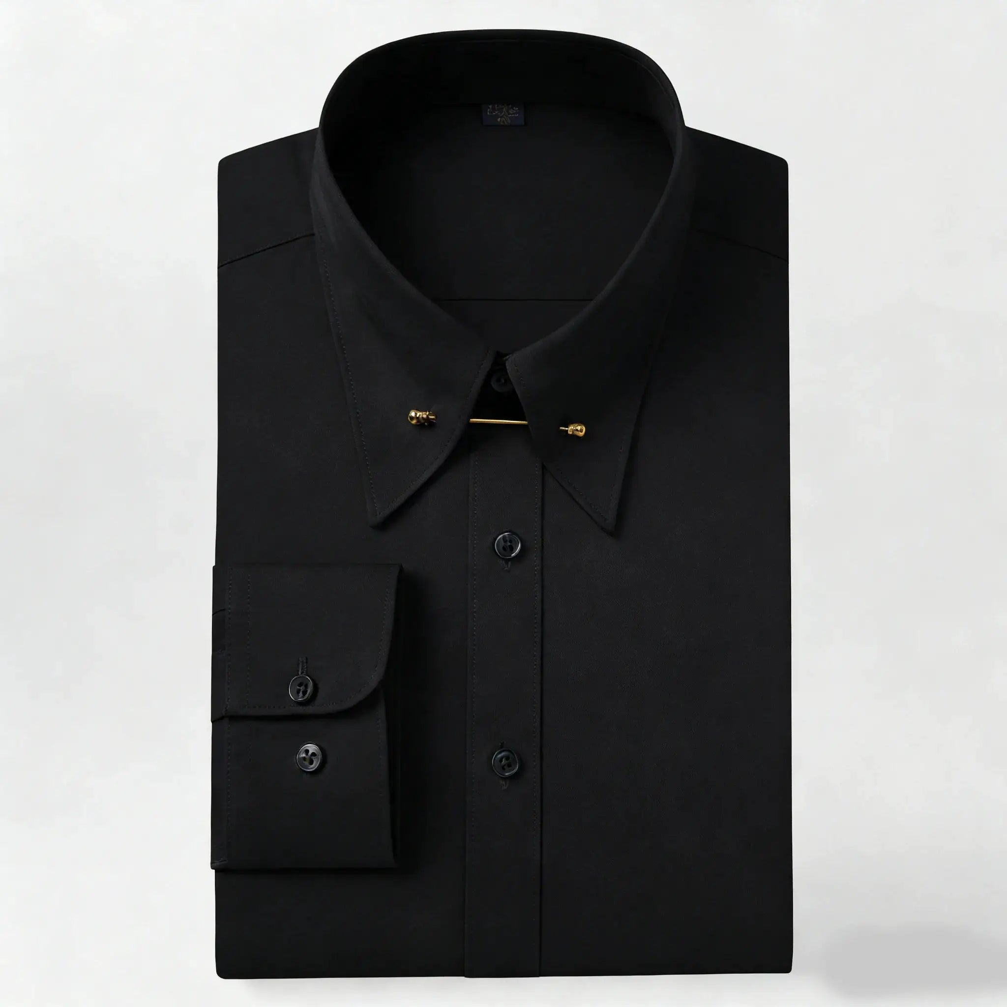 Simples Market black dress shirt with gold collar pins and French cuffs, men's long-sleeve formal shirt.