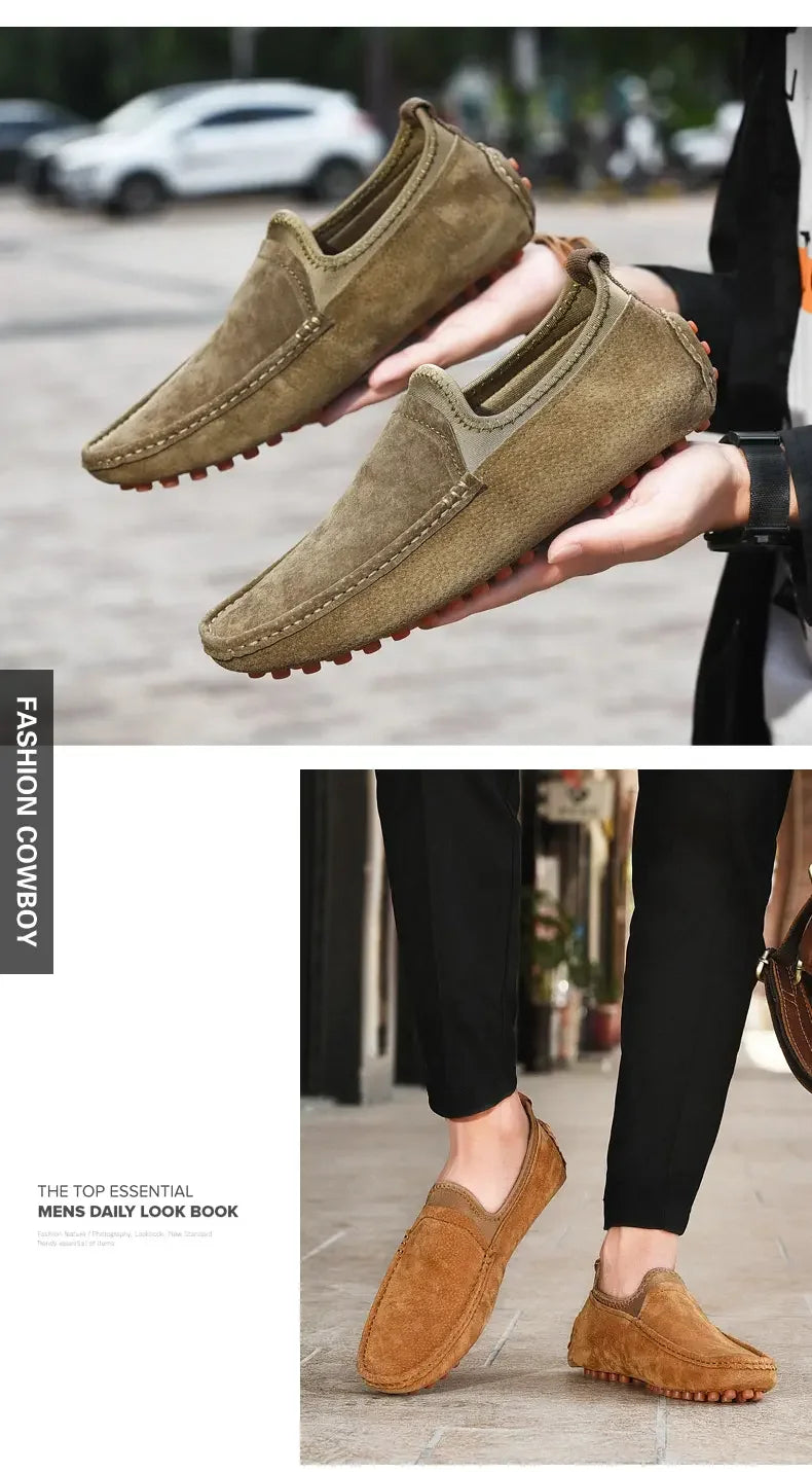 Men's driving shoes; olive and tan suede casual loafers, 2 pairs