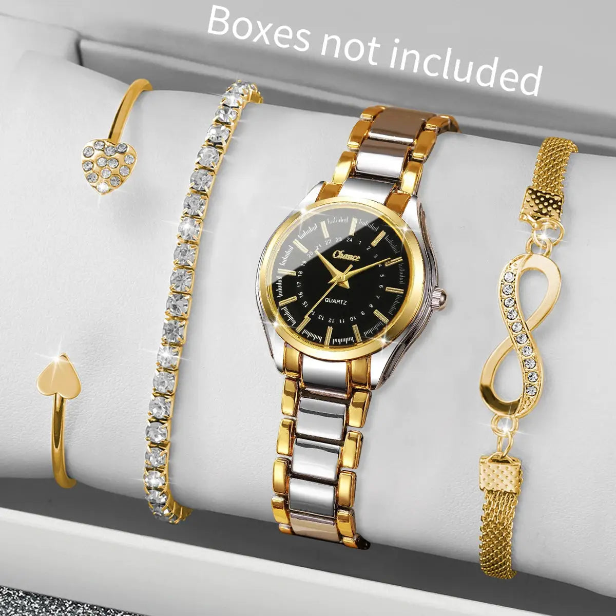 4-piece women's fashion watch and bracelet set in gold and silver tones with a black dial